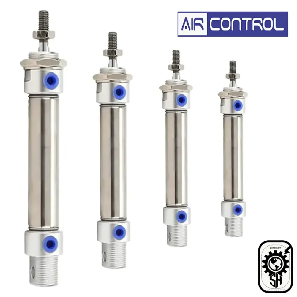 تصویر جک پنوماتیکی قلمی Aircontrol سایز 150×25 با بدنه آلومینیومی نقره ای
